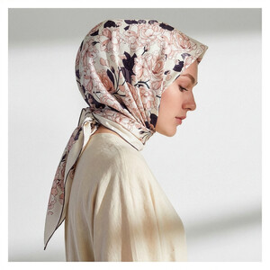 Pearl White Sakura Print Silk Twill Scarf - Thumbnail