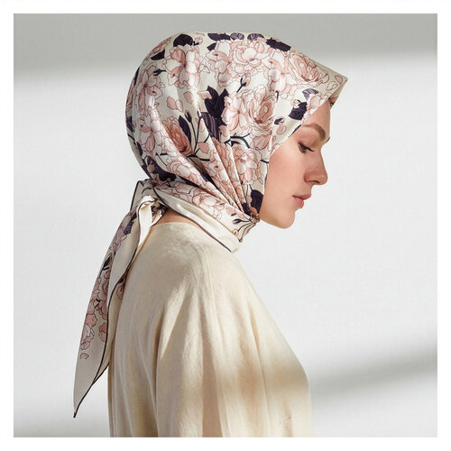 Pearl White Sakura Print Silk Twill Scarf