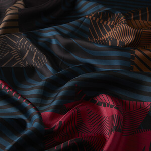 Petrol Blue Wavy Striped Twill Silk Scarf - Thumbnail