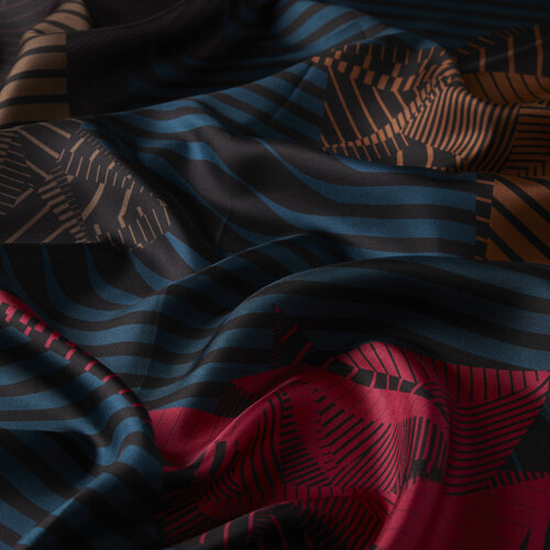 Petrol Blue Wavy Striped Twill Silk Scarf