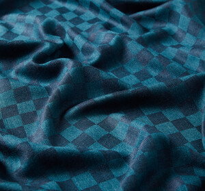 Petrol Green Checkered Wool Silk Scarf - Thumbnail