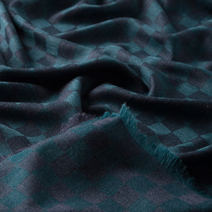 Petrol Green Checkered Wool Silk Scarf - Thumbnail