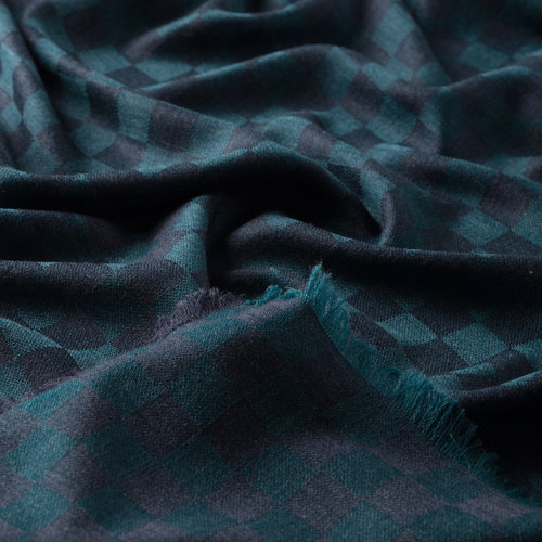 Petrol Green Checkered Wool Silk Scarf