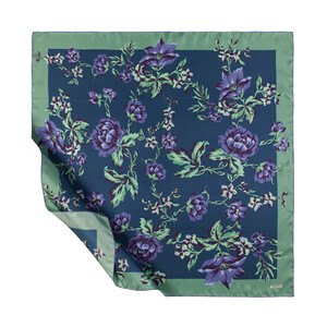Petrol Green Queen of the Night Panel Pattern Twill Silk Scarf - Thumbnail
