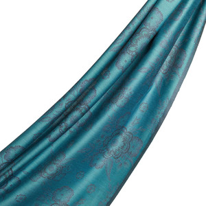 ipekevi - شال قطن وحرير جاكار ورود لون بترولي