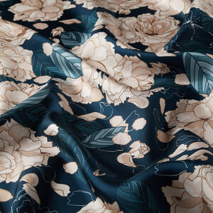 Petrol Sakura Print Silk Twill Scarf - Thumbnail