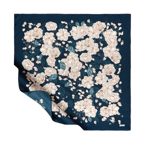 Petrol Sakura Print Silk Twill Scarf - Thumbnail