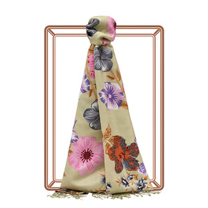 Pistachio Green Petunia Print Silk Scarf - Thumbnail
