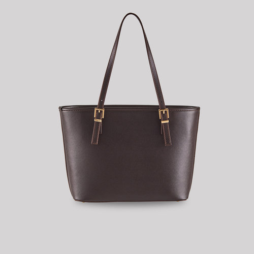 Plain Brown Buckle Detailed Tote Bag