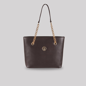 Plain Brown Chain Detailed Tote Bag - Thumbnail