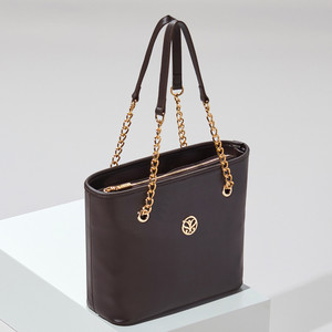 Plain Brown Chain Detailed Tote Bag - Thumbnail