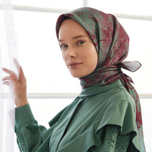 Plum Green Vintage Wall Twill Silk Scarf - Thumbnail