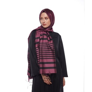 Plum Meridian Striped Silk Scarf - Thumbnail