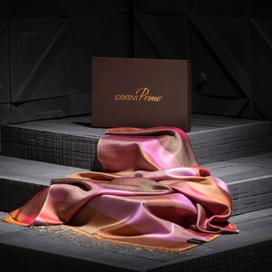 ipekevi - شال حرير فاخر ذو وجهين مخطط لون برتقالي فاتح