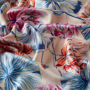 شال حرير بتصميم ورود لون وردي - Thumbnail