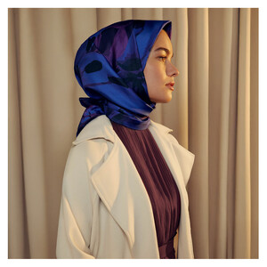 Purple Blue Lillium Patterned Twill Silk Scarf - Thumbnail