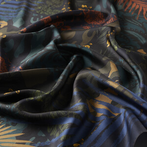Purple Blue Tropical Patchwork Patterned Twill Silk Scarf - Thumbnail