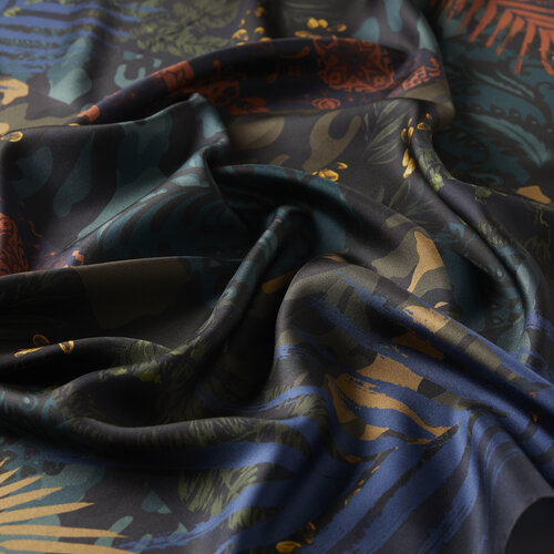 Purple Blue Tropical Patchwork Patterned Twill Silk Scarf