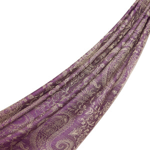 Purple Paisley Leaf Patterned Wool Silk Scarf - Thumbnail
