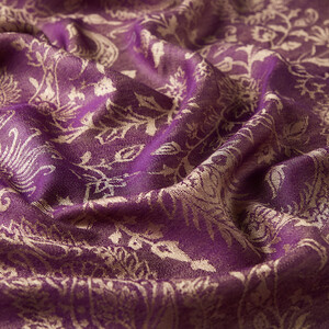 Purple Paisley Leaf Patterned Wool Silk Scarf - Thumbnail