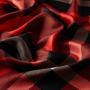 Red Black Grunge Plaid Silk Twill Scarf - Thumbnail