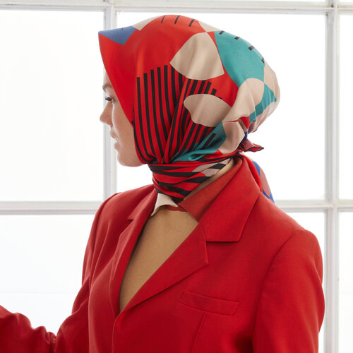Red Blue Bauhaus Twill Silk Scarf