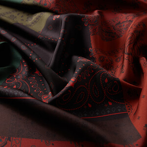 Red Copper Burgundy Patchwork Patterned Twill Silk Scarf - Thumbnail