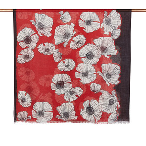 Red Poppy Print Wool Silk Shawl - Thumbnail