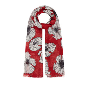 Red Poppy Print Wool Silk Shawl - Thumbnail