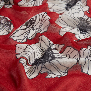 Red Poppy Print Wool Silk Shawl - Thumbnail