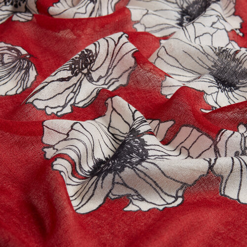 Red Poppy Print Wool Silk Shawl