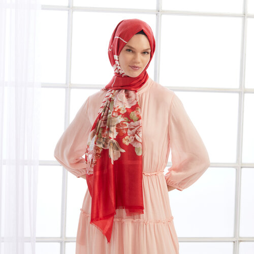 Red Rose Basket Print Satin Silk Scarf