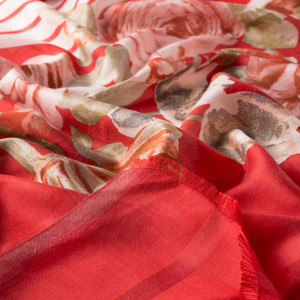 Red Rose Basket Print Satin Silk Scarf - Thumbnail