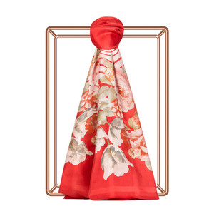 Red Rose Basket Print Satin Silk Scarf - Thumbnail