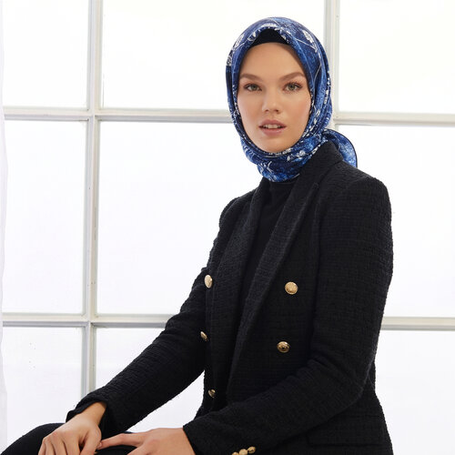 Saks Mavisi Nostaljik Duvar Tivil İpek Eşarp