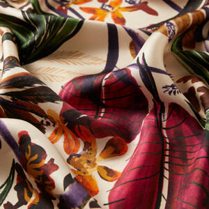 Sand Beige Dark Botanical Twill Silk Scarf - Thumbnail