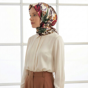 Sand Beige Dark Botanical Twill Silk Scarf - Thumbnail