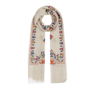 Sand Beige Floral Woven Wool Silk Scarf - Thumbnail