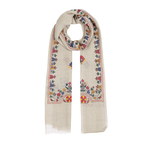 ipekevi - Sand Beige Floral Woven Wool Silk Scarf (1)