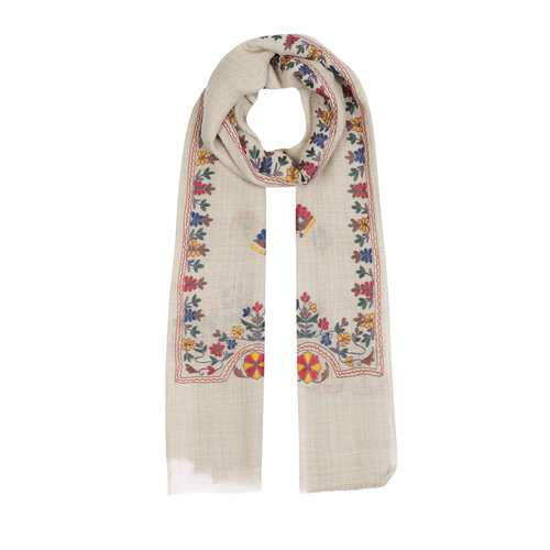 Sand Beige Floral Woven Wool Silk Scarf