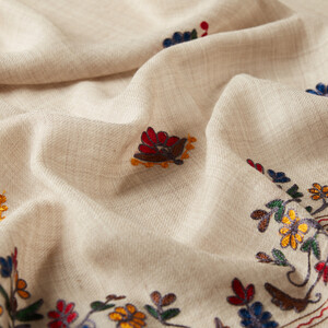 Sand Beige Floral Woven Wool Silk Scarf - Thumbnail