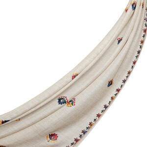 Sand Beige Floral Woven Wool Silk Scarf - Thumbnail
