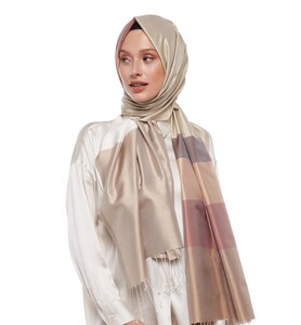 Sand Beige Kushak Striped Silk Scarf - Thumbnail