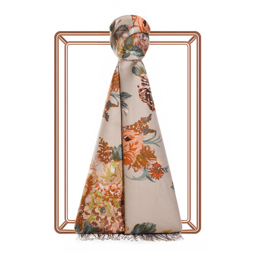 Sand Beige Musk Rose Print Silk Scarf
