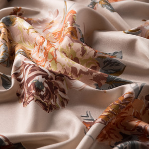 Sand Beige Musk Rose Print Silk Scarf - Thumbnail