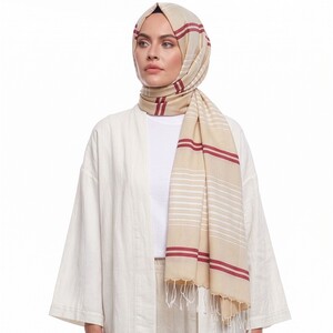 Sand Beige Perspective Line Pattern Cotton Silk Scarf - Thumbnail