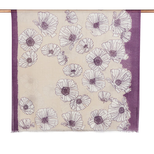 Sand Beige Poppy Print Wool Silk Shawl