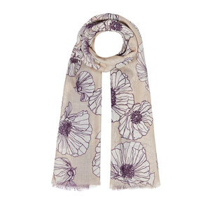 Sand Beige Poppy Print Wool Silk Shawl - Thumbnail