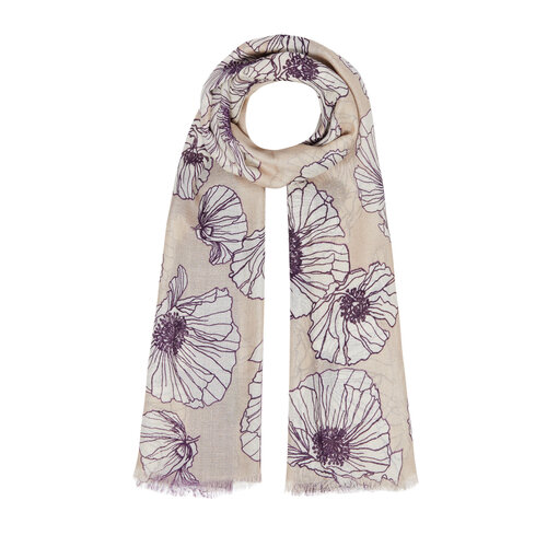 Sand Beige Poppy Print Wool Silk Shawl