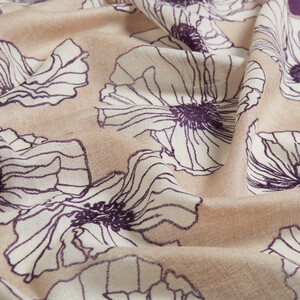 Sand Beige Poppy Print Wool Silk Shawl - Thumbnail